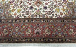 Full view of 2000s Tabriz 50/60/70 Raj rug from Iran / Persia, 256 × 252 cm in Beige tones