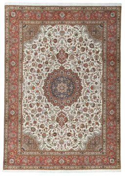 Full view of 2000s Tabriz 50/60/70 Raj rug from Iran / Persia, 352 × 248 cm in Beige tones