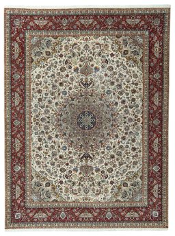 Full view of 2000s Tabriz 50/60/70 Raj rug from Iran / Persia, 405 × 303 cm in Beige tones