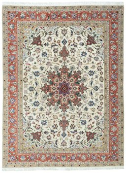 Full view of New Tabriz 50/60/70 Raj rug from Iran / Persia, 207 × 154 cm in Beige tones