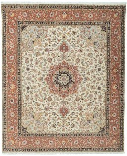 Full view of 2000s Tabriz 50/60/70 Raj rug from Iran / Persia, 301 × 248 cm in Beige tones