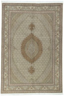 Full view of New Tabriz 50/60/70 Raj rug from Iran / Persia, 252 × 174 cm in Beige tones