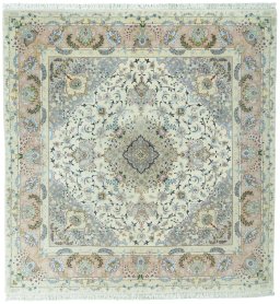 Full view of New Tabriz 50/60/70 Raj rug from Iran / Persia, 205 × 195 cm in Beige tones
