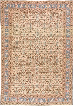 Full view of 1930s Tabriz Petag rug from Iran / Persia, 350 × 250 cm in Cream tones