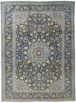 Full view of 2000s Kashan rug from Iran / Persia, 398 × 293 cm in Blue tones