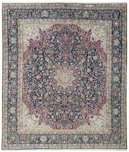 Full view of 1970s Kerman rug from Iran / Persia, 357 × 305 cm in Blue tones