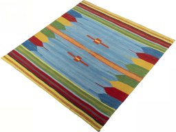 Corner detail of New Kilim Sofre rug showing border pattern and Wool pile
