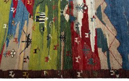 Close-up detail of 2000s Persian Gabbeh rug from Pakistan showing Wool weave
