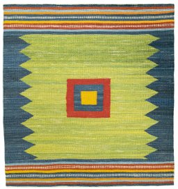 Full view of New Kilim Sofre rug from Turkey, 115 × 107 cm in Multi Color tones