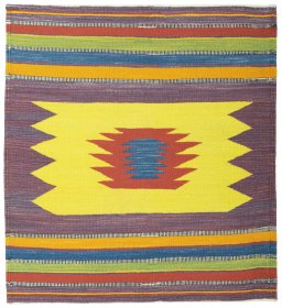 Full view of New Kilim Sofre rug from Turkey, 115 × 105 cm in Multi Color tones