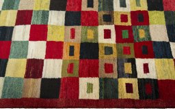 Close-up detail of 2000s Persian Gabbeh rug from Pakistan showing Wool weave