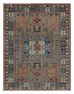 Full view of New Kazak rug from Pakistan, 195 × 147 cm in Gray tones