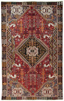 Full view of 2000s Shiraz rug from Iran / Persia, 233 × 145 cm in Red tones