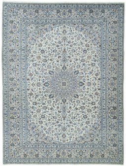 Full view of 2000s Kashan rug from Iran / Persia, 393 × 299 cm in Beige tones