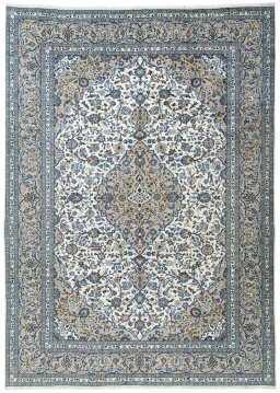 Full view of 2000s Kashan rug from Iran / Persia, 407 × 293 cm in Beige tones