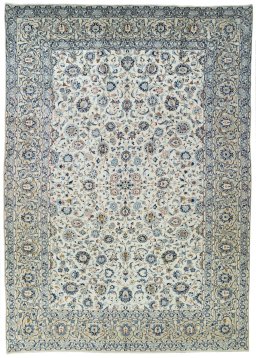 Full view of 2000s Kashan rug from Iran / Persia, 405 × 290 cm in Beige tones