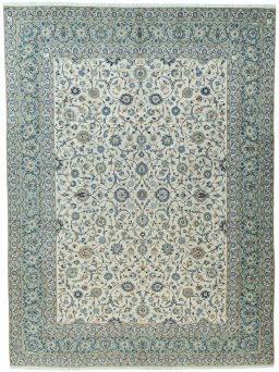 Full view of 2000s Kashan rug from Iran / Persia, 405 × 300 cm in Beige tones