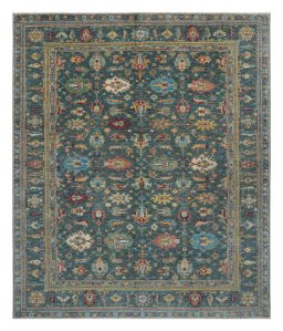 Full view of New Kazak rug from Pakistan, 297 × 249 cm in Green tones