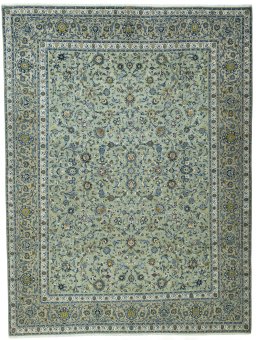 Full view of 2000s Kashan rug from Iran / Persia, 430 × 325 cm in Green tones