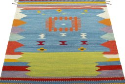 Close-up detail of New Kilim Sofre rug from Turkey showing Wool weave