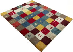 Close-up detail of 2000s Persian Gabbeh rug from Pakistan showing Wool weave
