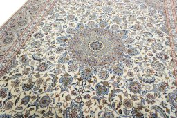 Backside of handmade New Kashmar rug showing knot structure and weave density