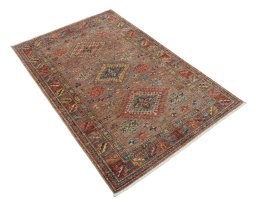 Corner detail of New Kazak rug showing border pattern and Wool pile