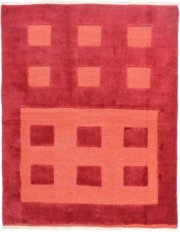 Full view of 1980s Kilim Gabbeh rug from Iran / Persia, 218 × 173 cm in Red tones