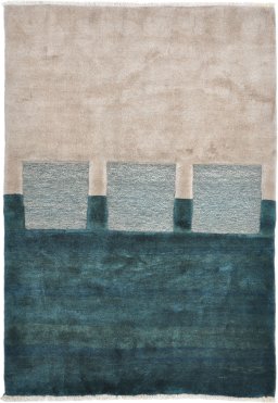 Full view of 1980s Kilim Gabbeh rug from Iran / Persia, 264 × 188 cm in Dark blue tones