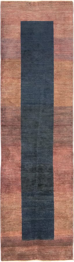 Full view of New Persian Gabbeh rug from Iran / Persia, 294 × 81 cm in Dark blue tones