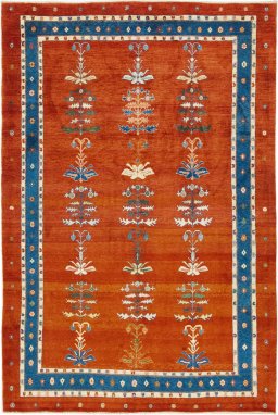 Full view of New Persian Gabbeh rug from Iran / Persia, 256 × 172 cm in Red tones