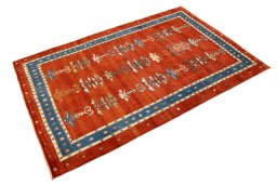 Corner detail of New Persian Gabbeh rug showing border pattern and Wool pile