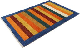 Corner detail of New Persian Gabbeh rug showing border pattern and Wool pile