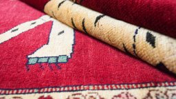 Close-up detail of 1970s Persian Gabbeh rug from Iran / Persia showing Wool weave