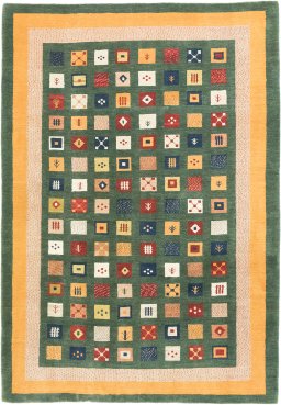 Full view of New Persian Gabbeh rug from Iran / Persia, 295 × 206 cm in Green tones