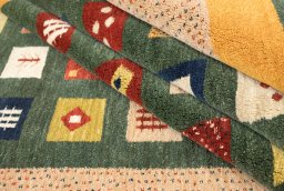 Full view of New Persian Gabbeh rug from Iran / Persia, 295 × 206 cm in Green tones