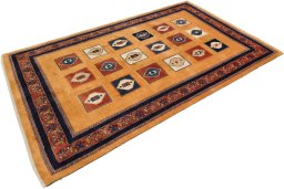 Corner detail of New Persian Gabbeh rug showing border pattern and Wool pile