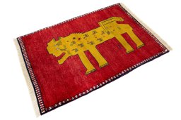 Corner detail of New Persian Gabbeh rug showing border pattern and Wool pile