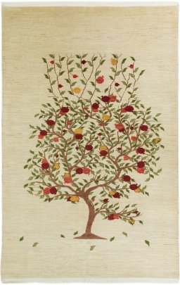 Full view of New Persian Gabbeh rug from Iran / Persia, 292 × 189 cm in Cream tones