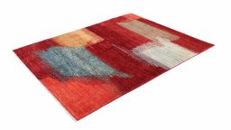 Corner detail of New Gabbeh Loribaft rug showing border pattern and Wool pile