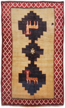 Full view of 1920s Persian Gabbeh rug from Iran / Persia, 224 × 130 cm in Beige tones