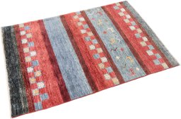 Corner detail of New Gabbeh Loribaft rug showing border pattern and Wool pile
