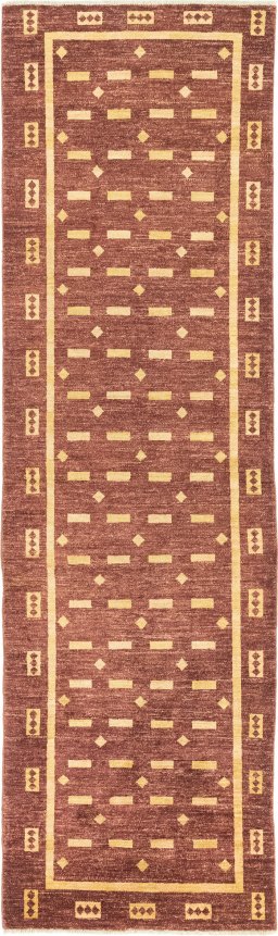Full view of New Gabbeh Loribaft rug from Afghanistan, 300 × 89 cm in Dark red tones