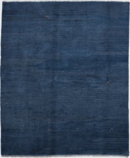 Full view of 1980s Persian Gabbeh rug from Iran / Persia, 246 × 206 cm in Dark blue tones