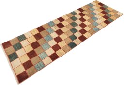 Corner detail of New Persian Gabbeh rug showing border pattern and Wool pile
