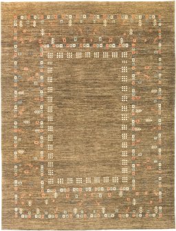 Full view of 1980s Persian Gabbeh rug from Afghanistan, 361 × 277 cm in Brown tones