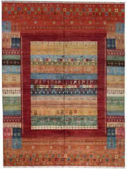 Full view of New Persian Gabbeh rug from Pakistan, 366 × 274 cm in Red tones
