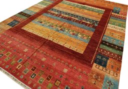 Backside of handmade New Persian Gabbeh rug showing knot structure and weave density