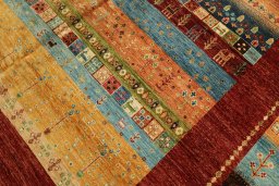 Full view of New Persian Gabbeh rug from Pakistan, 366 × 274 cm in Red tones