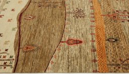 Corner detail of New Persian Gabbeh rug showing border pattern and Wool pile